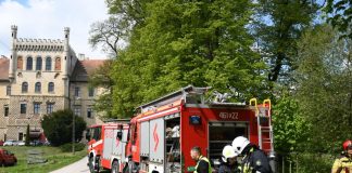 Ćwiczenia ratowniczo-gaśnicze w cieniu zabytkowego Pałacu na Mirowie